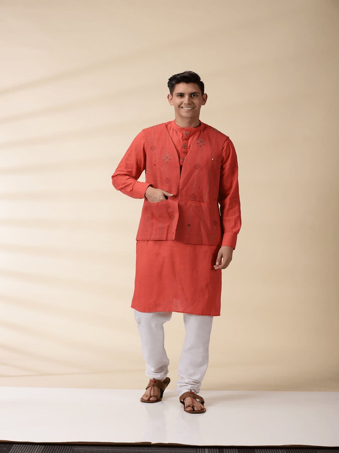 Khadi Men's Nehru Jacket & Kurta Set - Orange - Charkha TalesKhadi Men's Nehru Jacket & Kurta Set - Orange