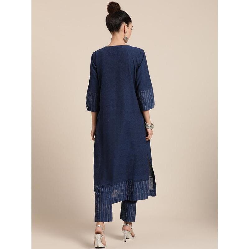 Khadi Miami Nights Embroidered kurta Set - Navy Blue - Charkha TalesKhadi Miami Nights Embroidered kurta Set - Navy Blue