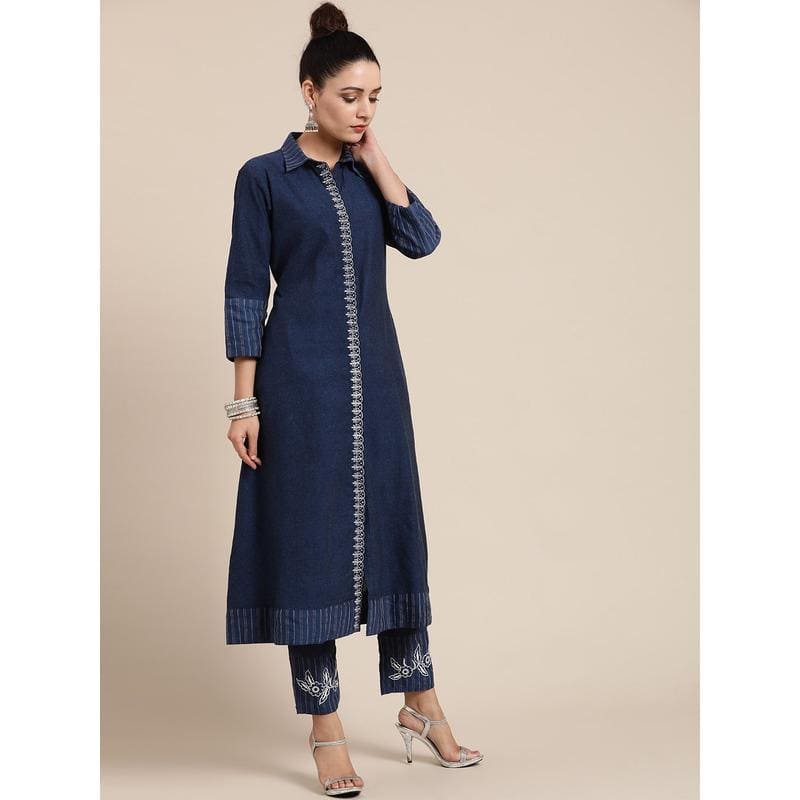 Khadi Miami Nights Embroidered kurta Set - Navy Blue - Charkha TalesKhadi Miami Nights Embroidered kurta Set - Navy Blue