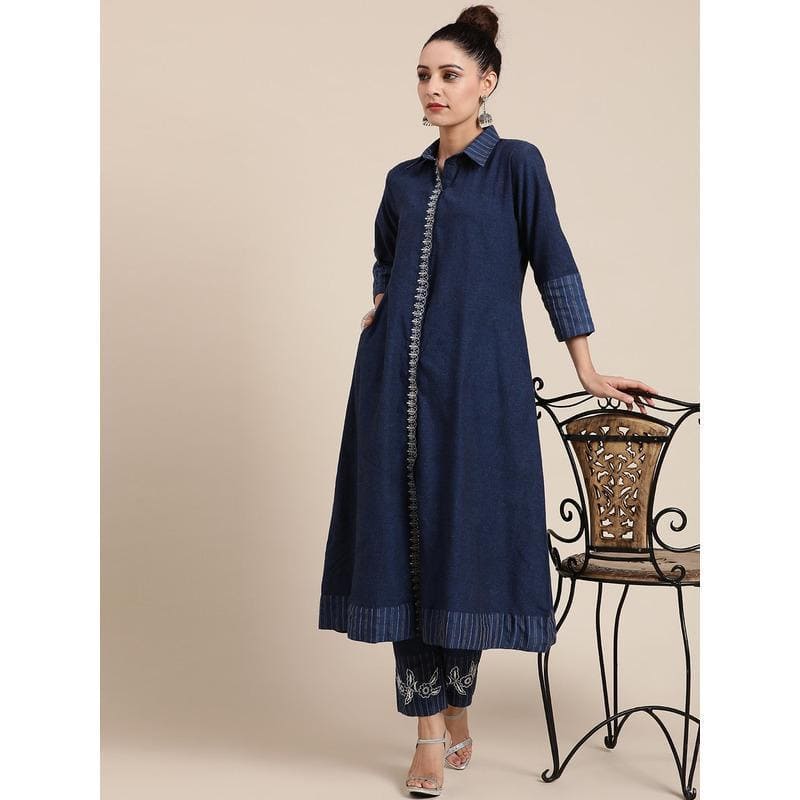 Khadi Miami Nights Embroidered kurta Set - Navy Blue - Charkha TalesKhadi Miami Nights Embroidered kurta Set - Navy Blue
