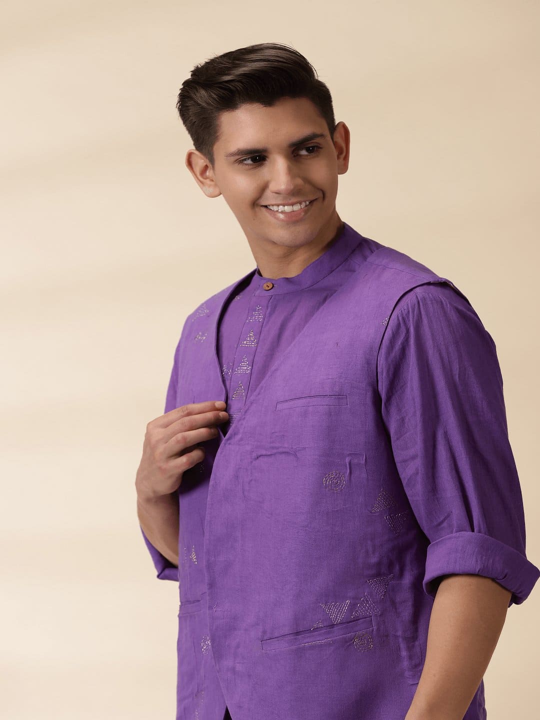 Khadi Sadri & Kurta Set - Purple - Charkha TalesKhadi Sadri & Kurta Set - Purple