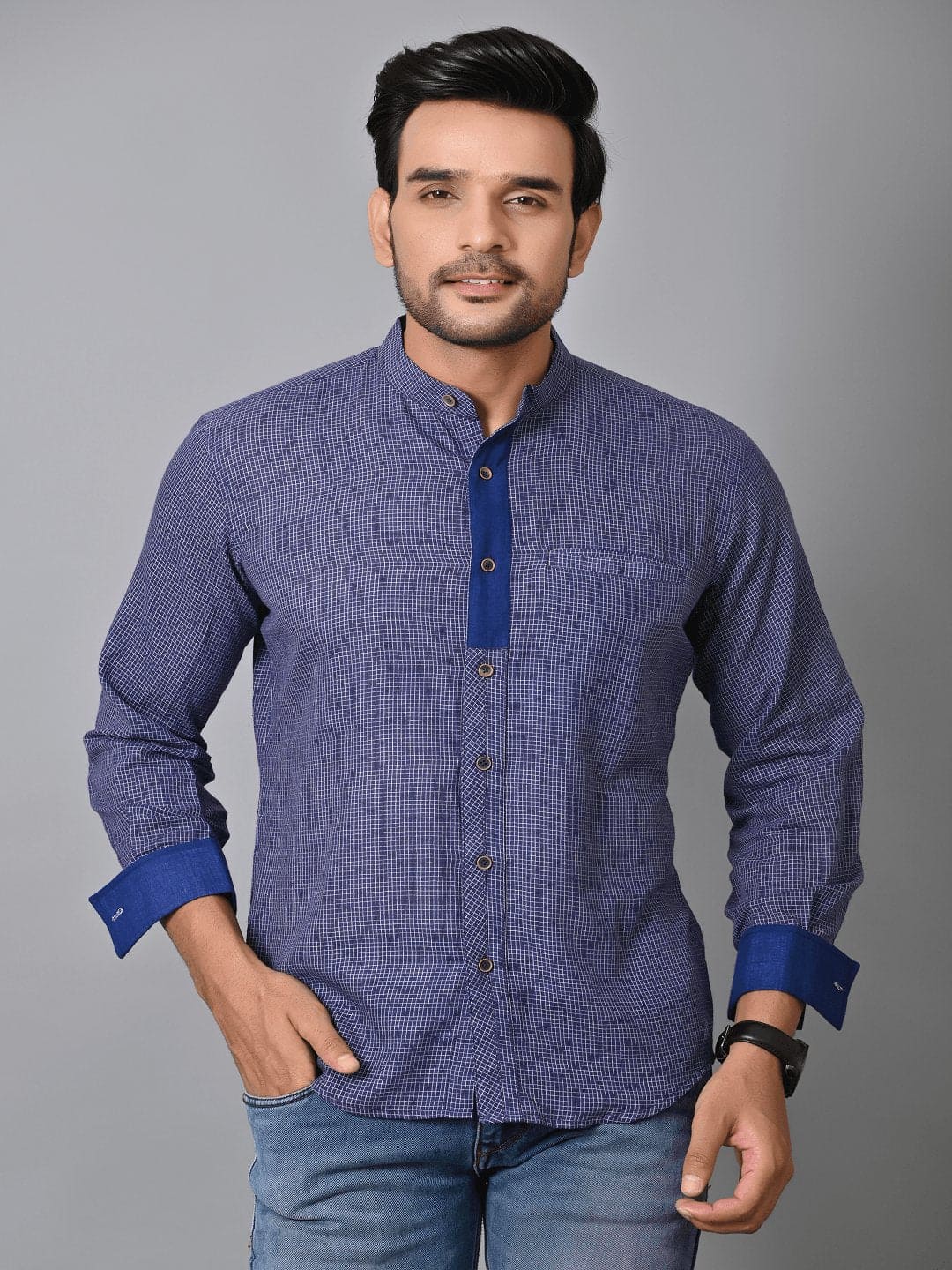 Khadi Soft Check Men Shirt - Navy Blue - Charkha TalesKhadi Soft Check Men Shirt - Navy Blue