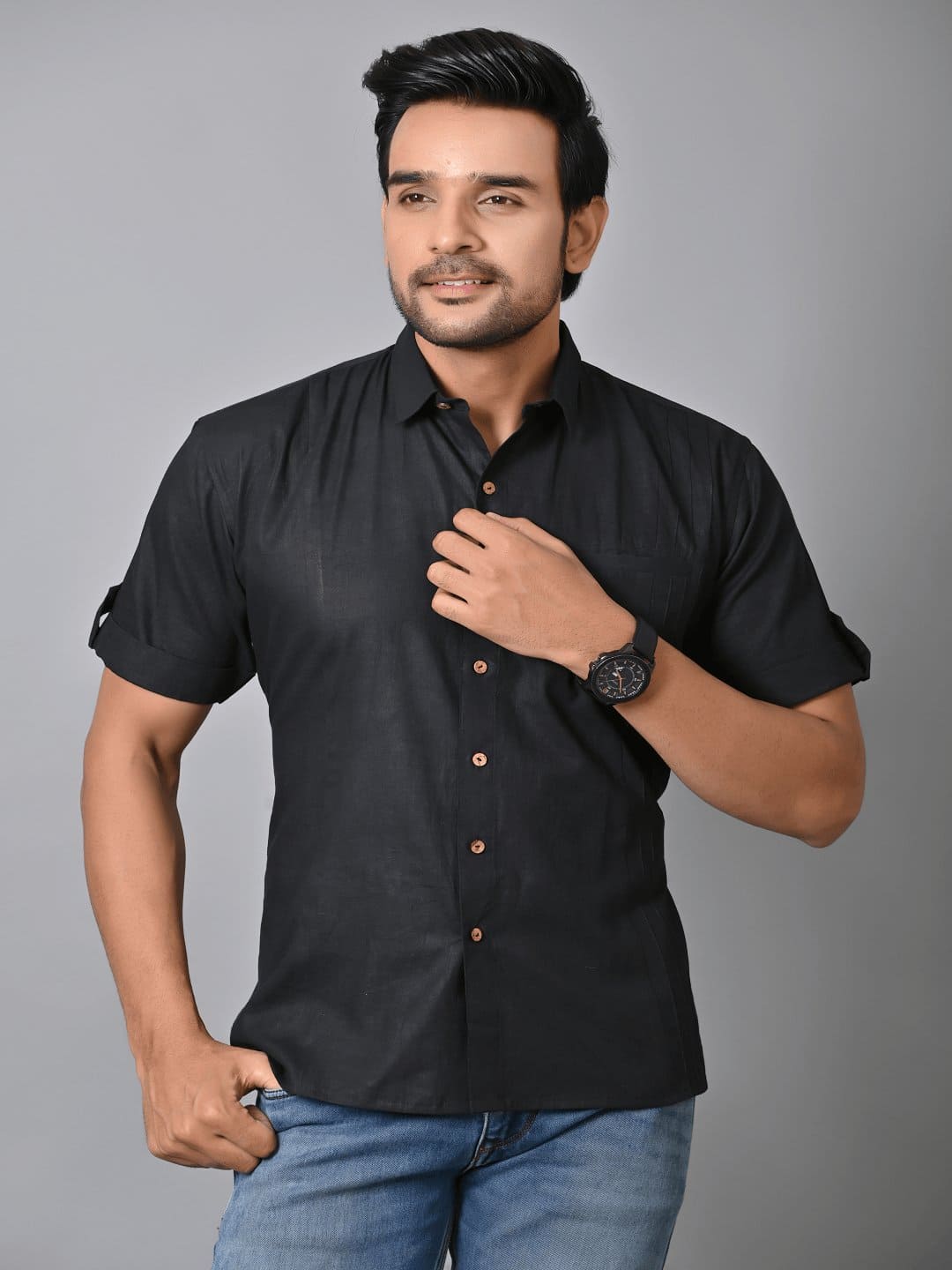Khadi Solid Shirt - Black - Charkha TalesKhadi Solid Shirt - Black