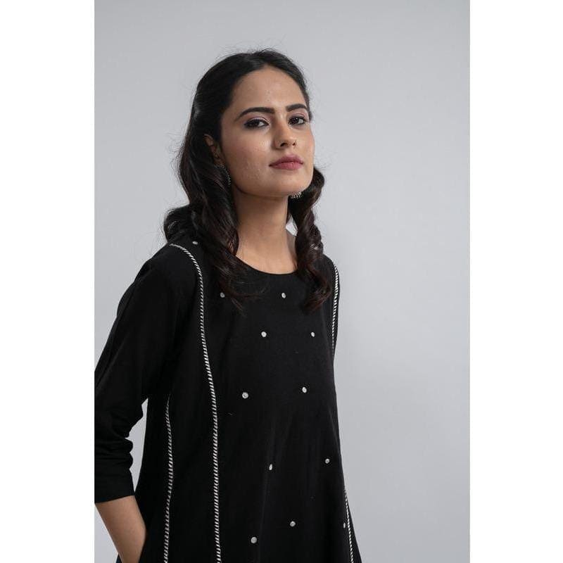 Khadi Zari Embroiderd Dress - Black - Charkha TalesKhadi Zari Embroiderd Dress - Black