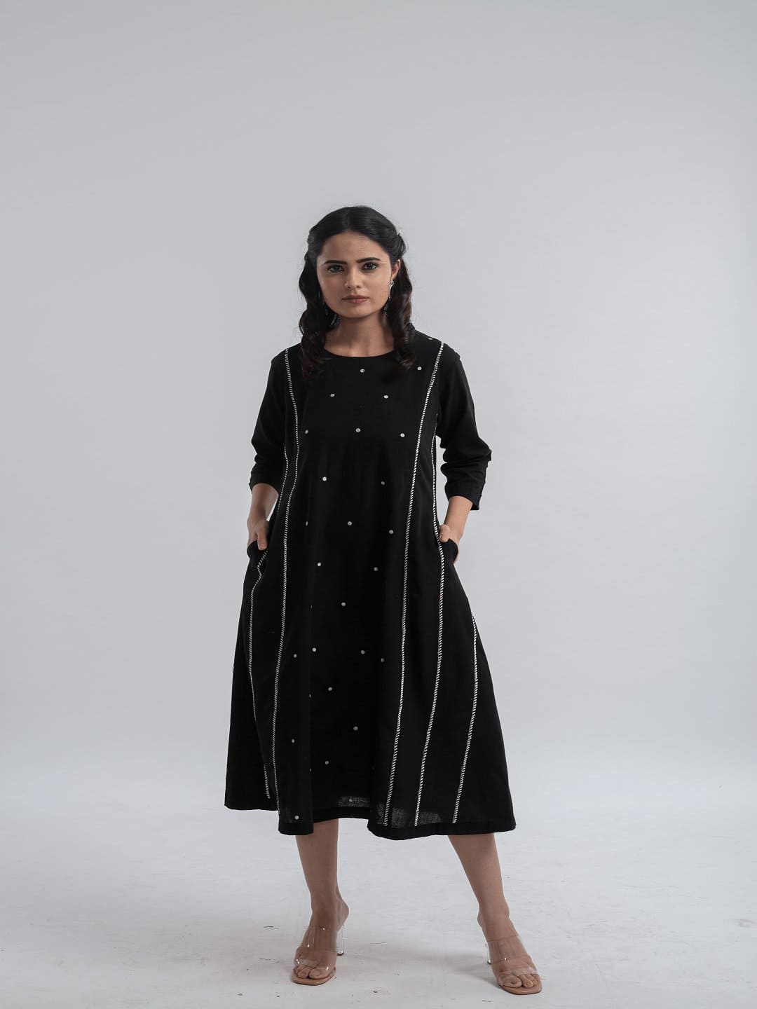 Khadi Zari Embroiderd Dress - Black - Charkha TalesKhadi Zari Embroiderd Dress - Black