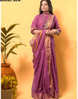 Lavender Gold Embroidered Linen Saree - Charkha TalesLavender Gold Embroidered Linen Saree