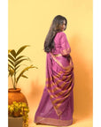 Lavender Gold Embroidered Linen Saree - Charkha TalesLavender Gold Embroidered Linen Saree