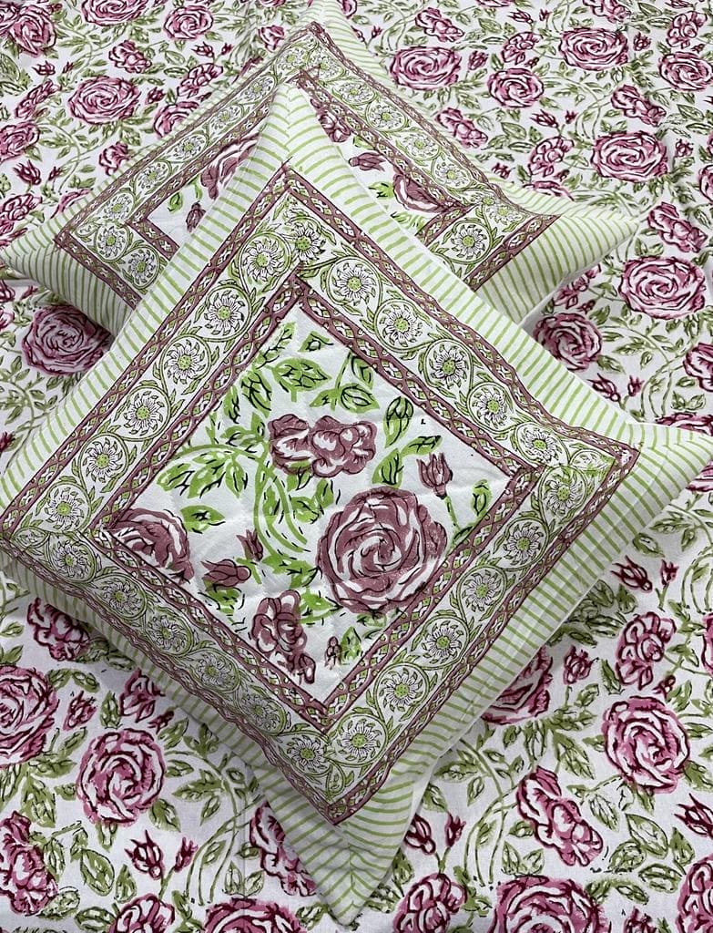Leafy Green Block Print Cotton Cushion - Charkha TalesLeafy Green Block Print Cotton Cushion