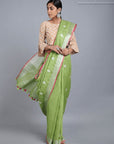 Leafy Green Linen Butta Saree - Charkha TalesLeafy Green Linen Butta Saree
