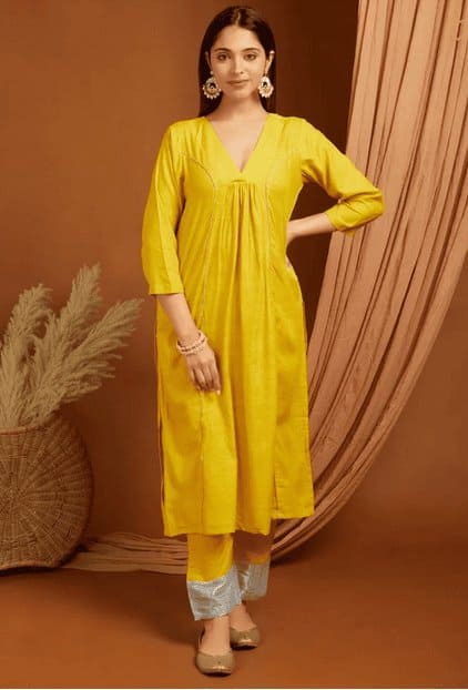 Lemon Yellow Shimmer Linen Kurta Set - Charkha TalesLemon Yellow Shimmer Linen Kurta Set