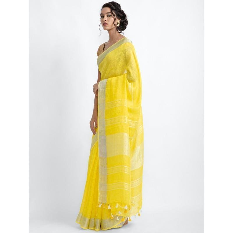 Lemon Yellow Zari Linen Saree - Charkha TalesLemon Yellow Zari Linen Saree