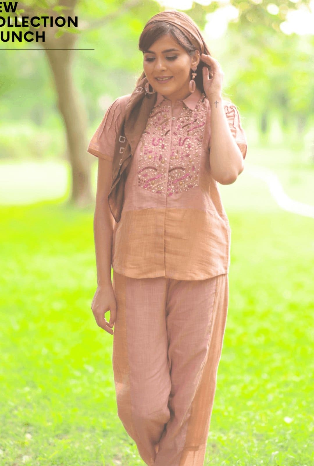 Linen Crystal/Beads Intricate Co - ord Set - Peach - Charkha TalesLinen Crystal/Beads Intricate Co - ord Set - Peach