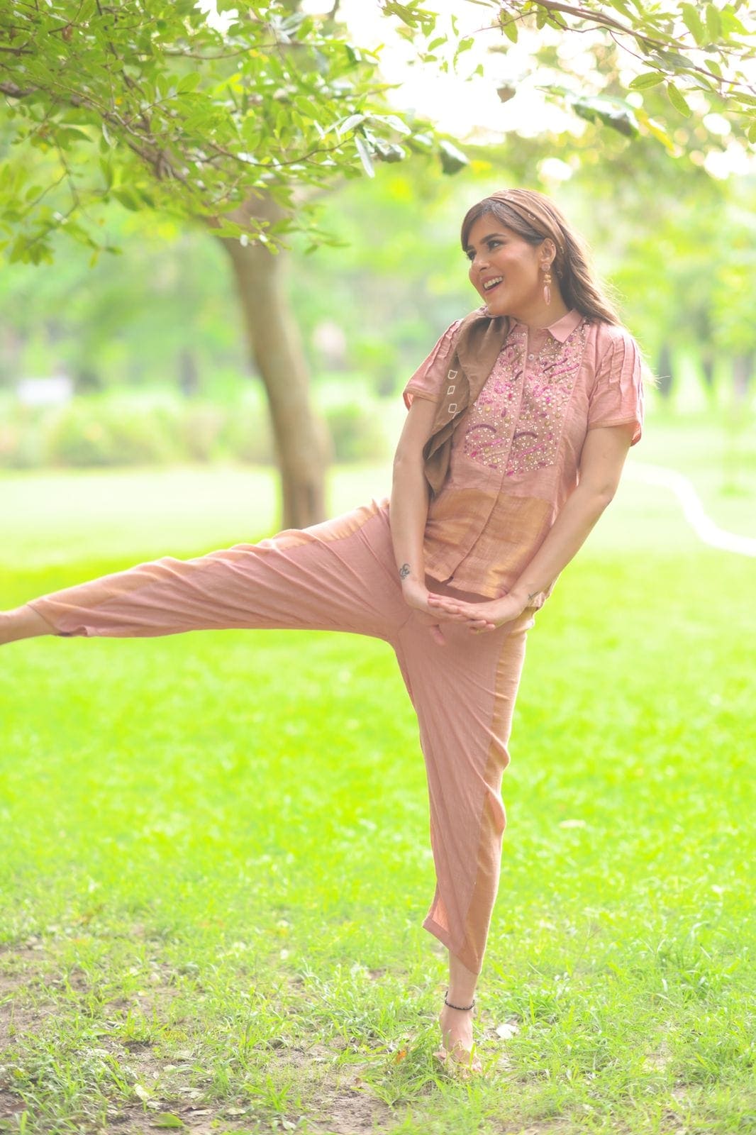 Linen Crystal/Beads Intricate Co - ord Set - Peach - Charkha TalesLinen Crystal/Beads Intricate Co - ord Set - Peach