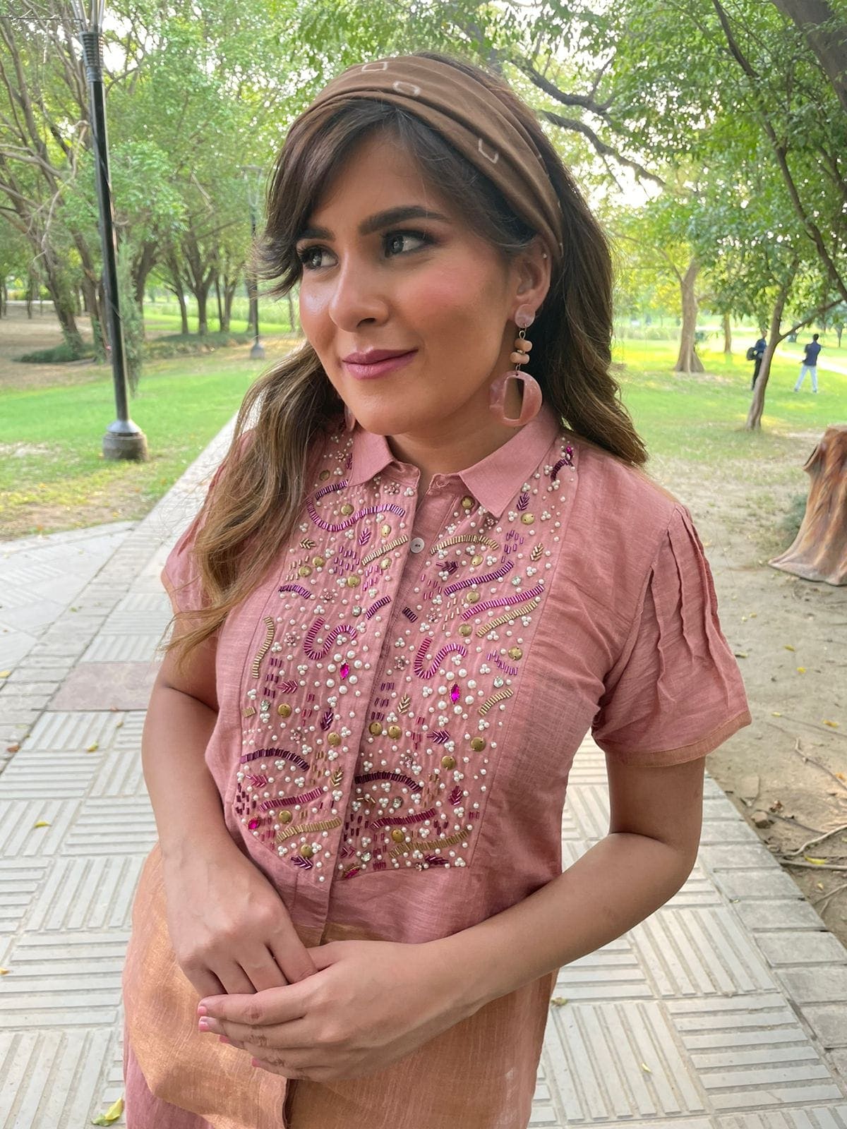 Linen Crystal/Beads Intricate Co - ord Set - Peach - Charkha TalesLinen Crystal/Beads Intricate Co - ord Set - Peach