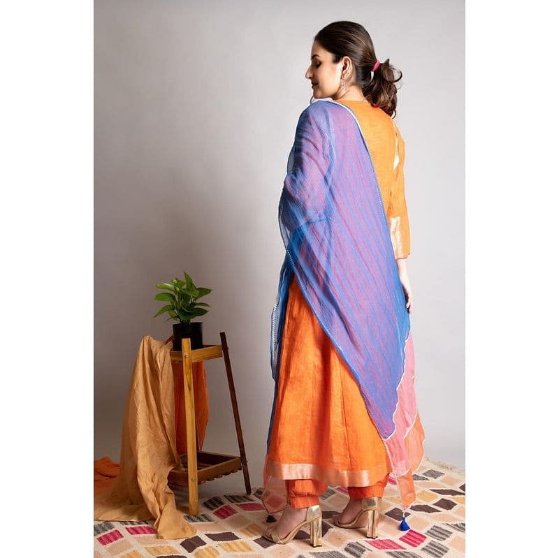 Linen Embroiderd Kurta Set - Rust Orange - Charkha TalesLinen Embroiderd Kurta Set - Rust Orange