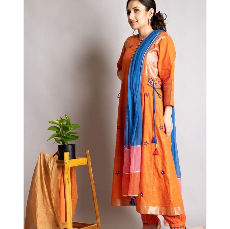 Linen Embroiderd Kurta Set - Rust Orange - Charkha TalesLinen Embroiderd Kurta Set - Rust Orange