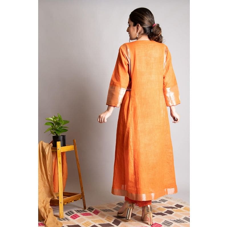 Linen Embroiderd Kurta Set - Rust Orange - Charkha TalesLinen Embroiderd Kurta Set - Rust Orange