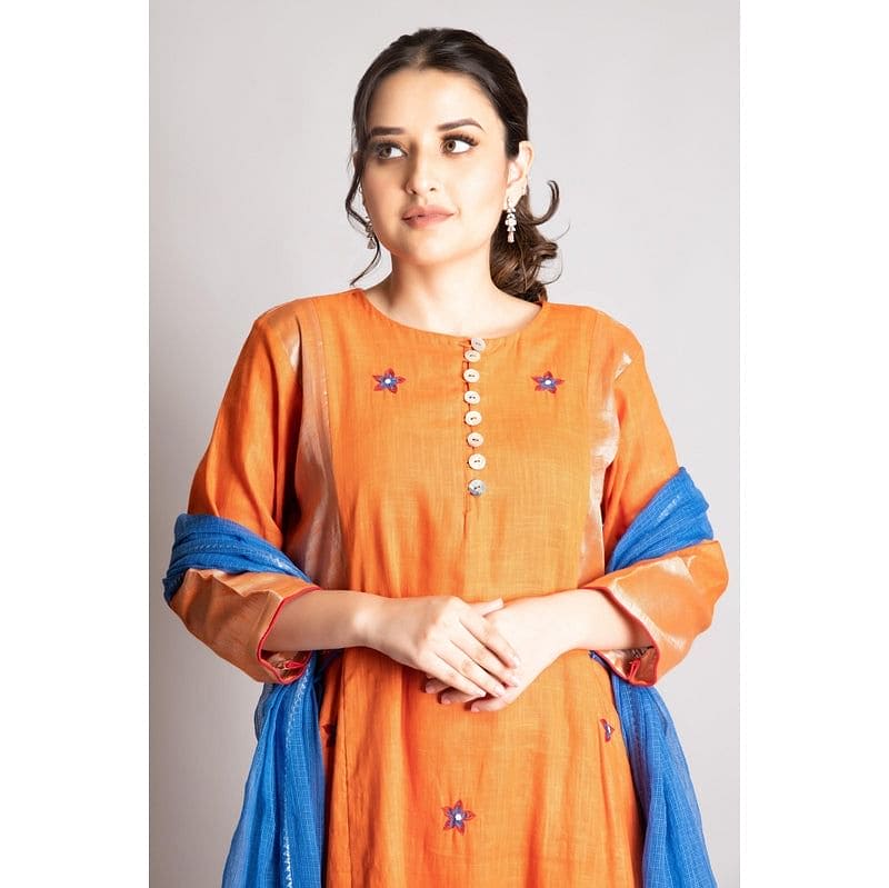 Linen Embroiderd Kurta Set - Rust Orange - Charkha TalesLinen Embroiderd Kurta Set - Rust Orange
