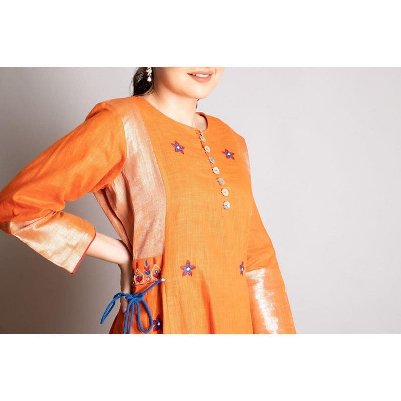 Linen Embroiderd Kurta Set - Rust Orange - Charkha TalesLinen Embroiderd Kurta Set - Rust Orange