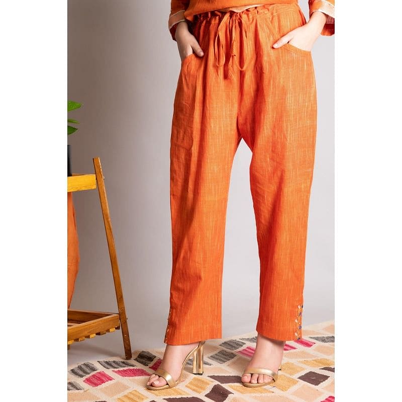 Linen Embroiderd Kurta Set - Rust Orange - Charkha TalesLinen Embroiderd Kurta Set - Rust Orange