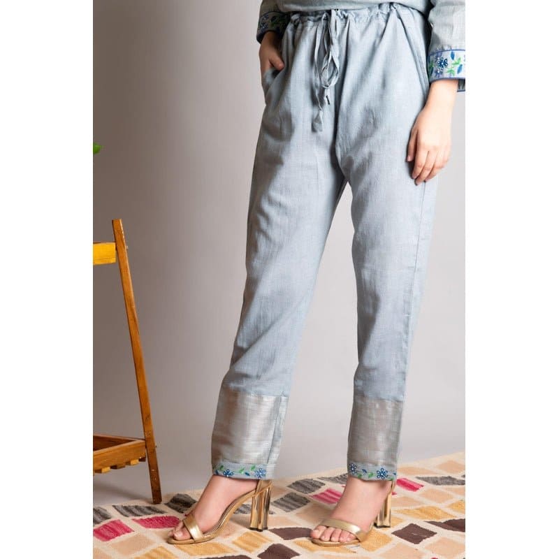 Linen Embroidered Kurta set - Grey - Charkha TalesLinen Embroidered Kurta set - Grey