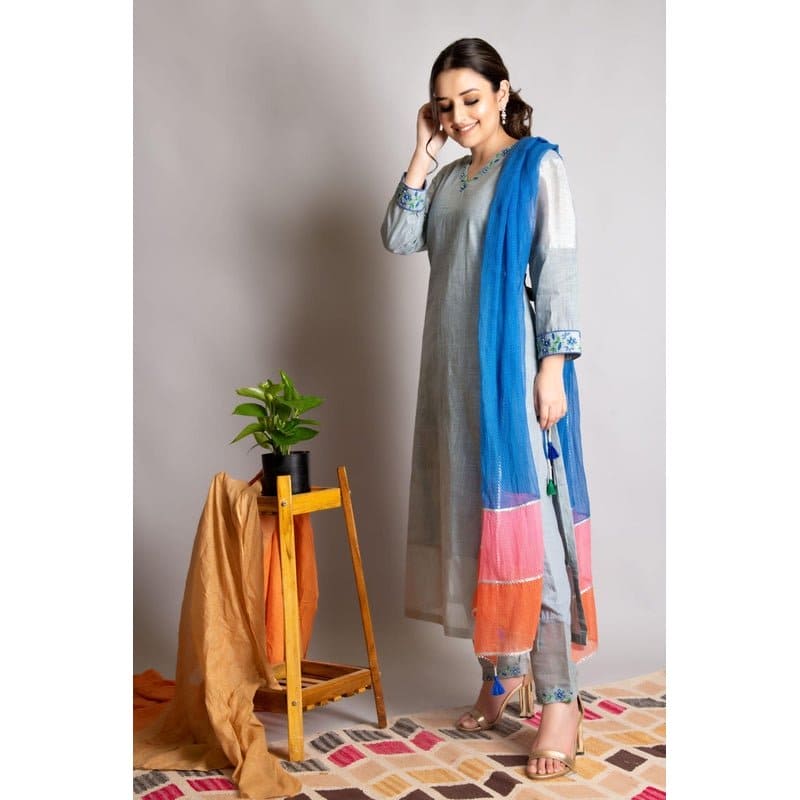 Linen Embroidered Kurta set - Grey - Charkha TalesLinen Embroidered Kurta set - Grey