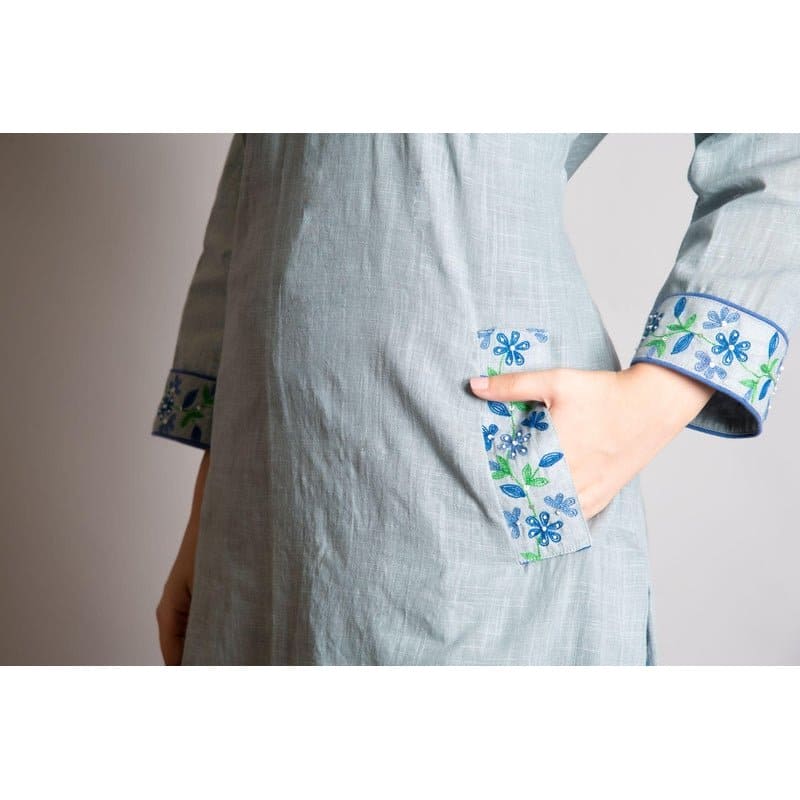 Linen Embroidered Kurta set - Grey - Charkha TalesLinen Embroidered Kurta set - Grey