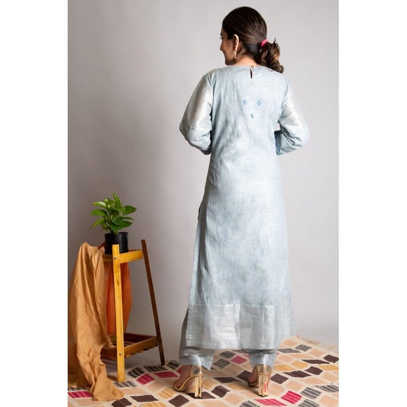 Linen Embroidered Kurta set - Grey - Charkha TalesLinen Embroidered Kurta set - Grey