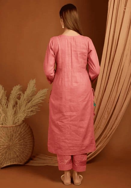 Linen Embroidered Kurta Set - Rose Pink - Charkha TalesLinen Embroidered Kurta Set - Rose Pink