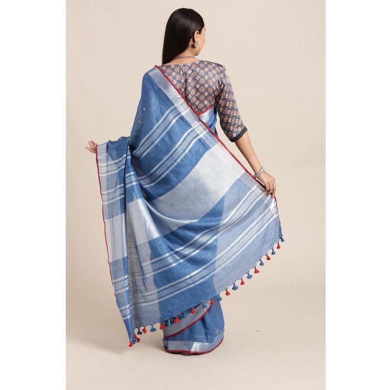 Linen Embroidered Saree - Blue - Charkha TalesLinen Embroidered Saree - Blue