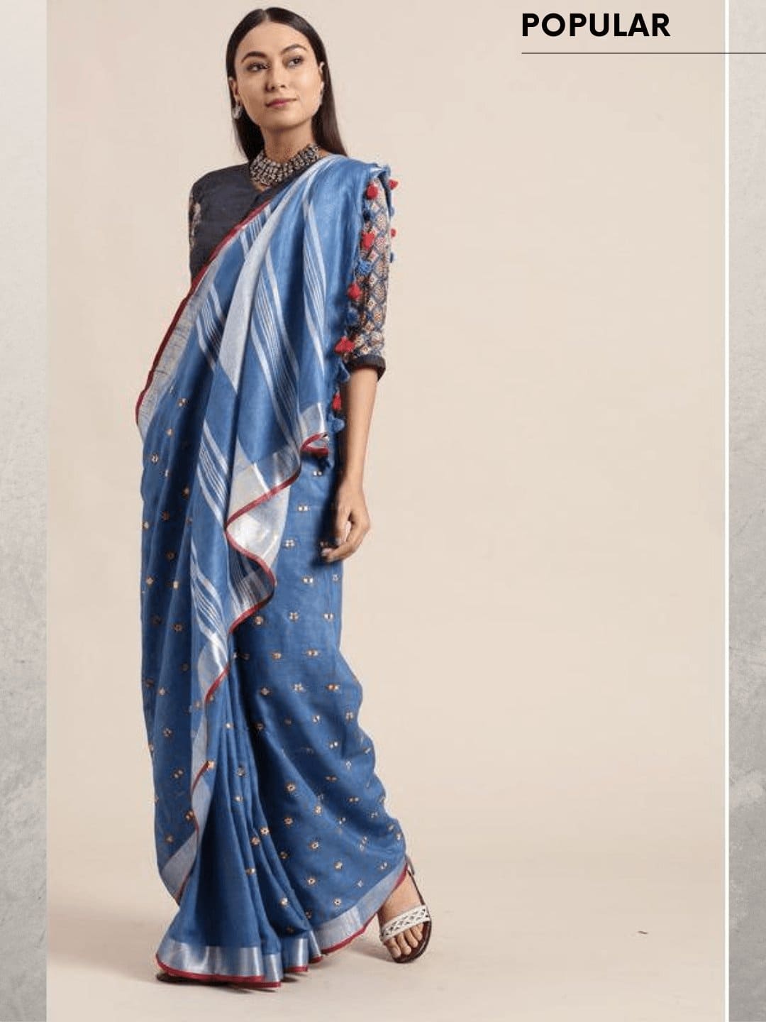 Linen Embroidered Saree - Blue - Charkha TalesLinen Embroidered Saree - Blue
