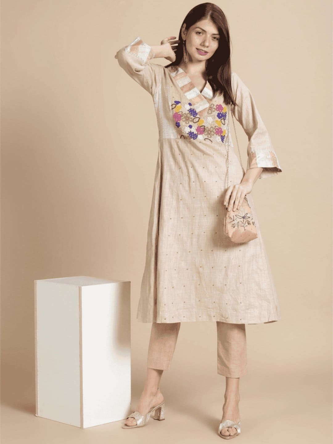 Linen Floral Beads Work Kurta Set - Beige - Charkha TalesLinen Floral Beads Work Kurta Set - Beige