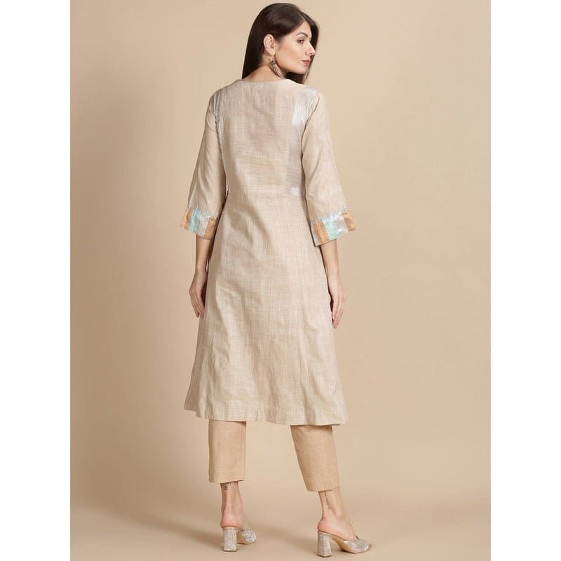 Linen Floral Beads Work Kurta Set - Beige - Charkha TalesLinen Floral Beads Work Kurta Set - Beige