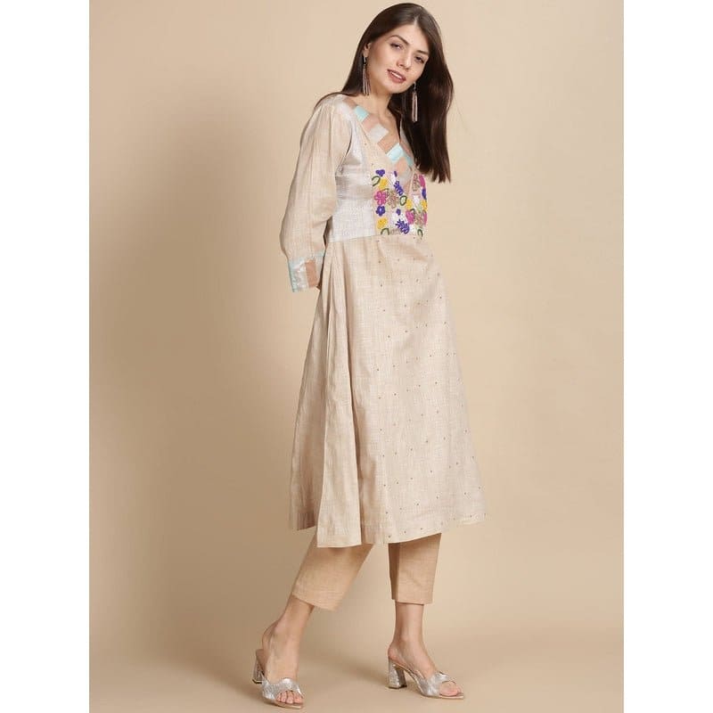 Linen Floral Beads Work Kurta Set - Beige - Charkha TalesLinen Floral Beads Work Kurta Set - Beige