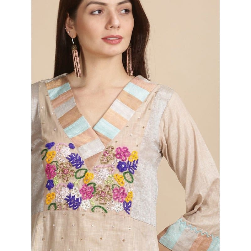 Linen Floral Beads Work Kurta Set - Beige - Charkha TalesLinen Floral Beads Work Kurta Set - Beige