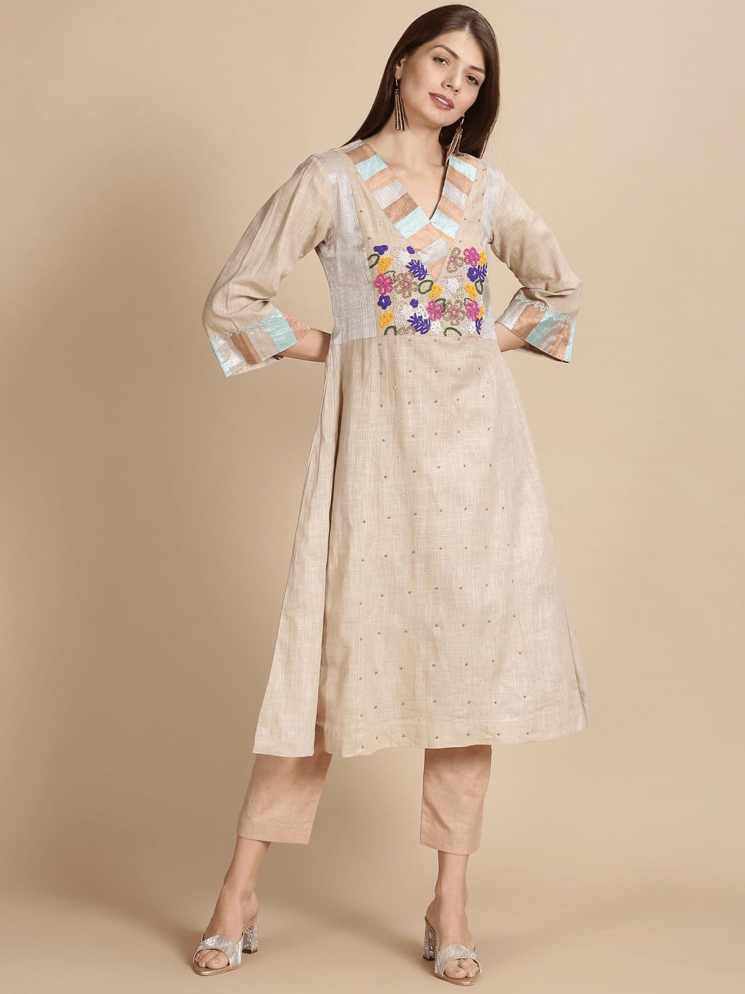 Linen Floral Beads Work Kurta Set - Beige - Charkha TalesLinen Floral Beads Work Kurta Set - Beige