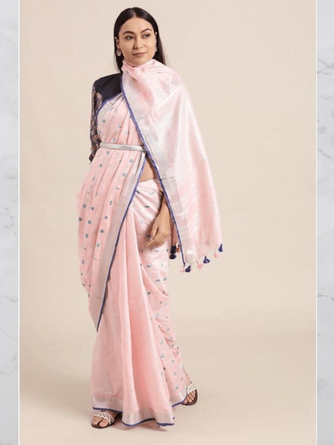 Linen Floral Embroidered Saree - Pastel Pink - Charkha TalesLinen Floral Embroidered Saree - Pastel Pink
