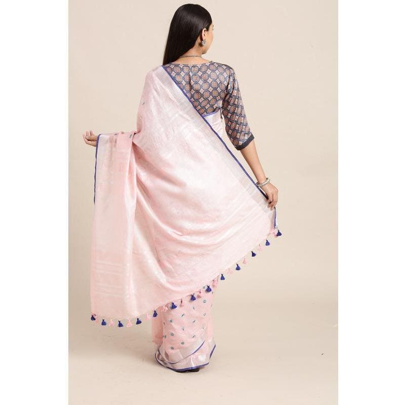 Linen Floral Embroidered Saree - Pastel Pink - Charkha TalesLinen Floral Embroidered Saree - Pastel Pink