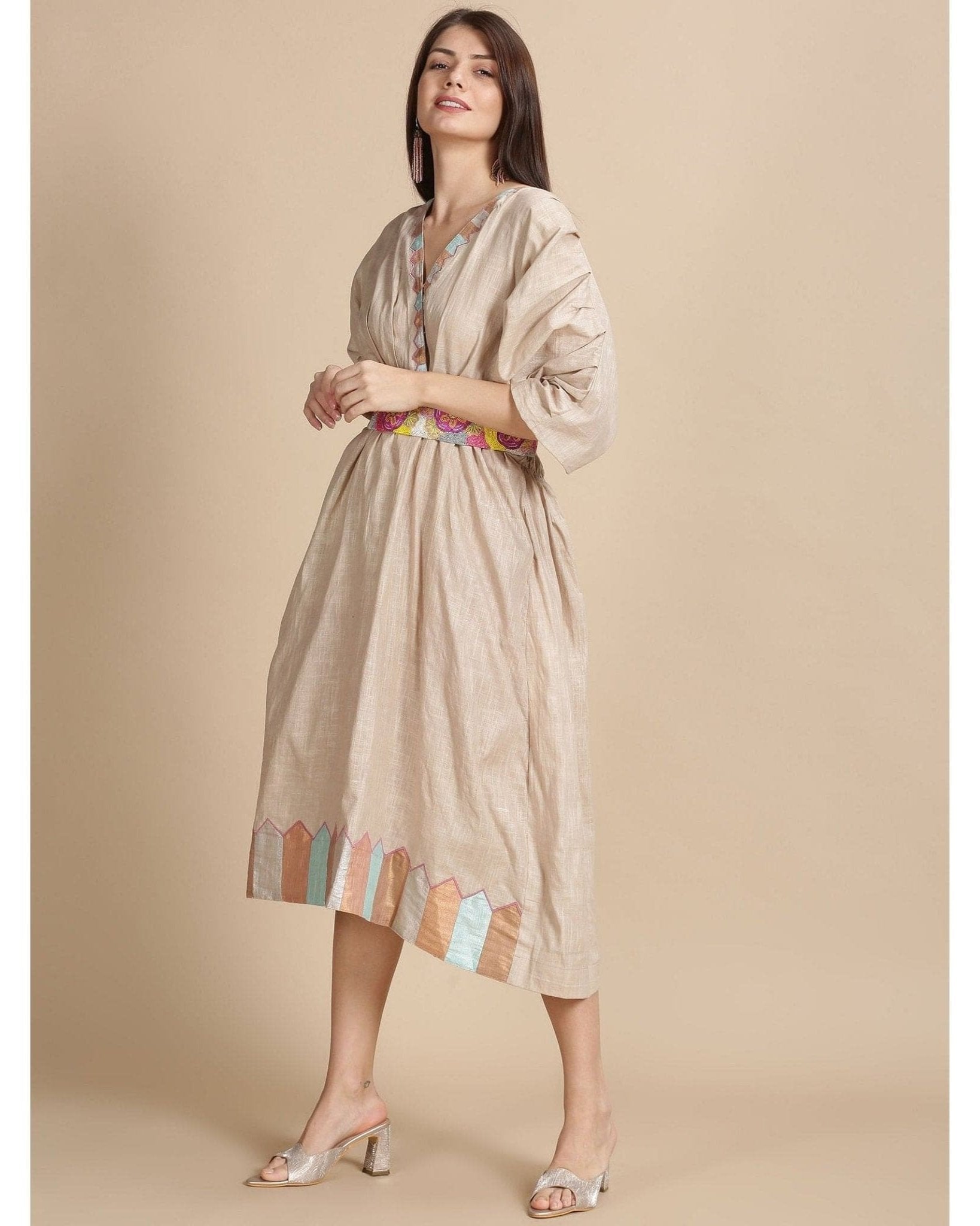 Linen Kaftan With Belt - Beige Beads - Charkha TalesLinen Kaftan With Belt - Beige Beads