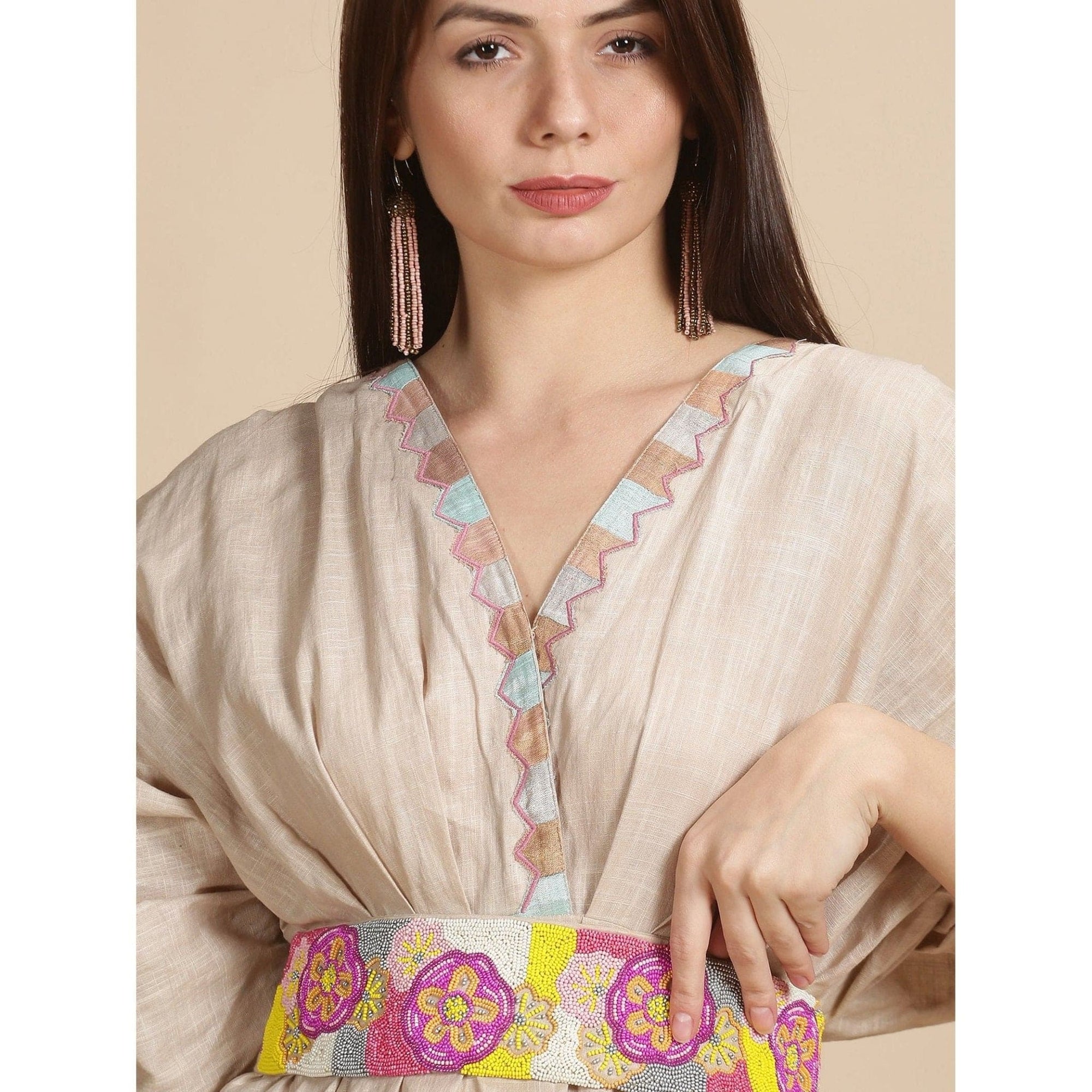 Linen Kaftan With Belt - Beige Beads - Charkha TalesLinen Kaftan With Belt - Beige Beads