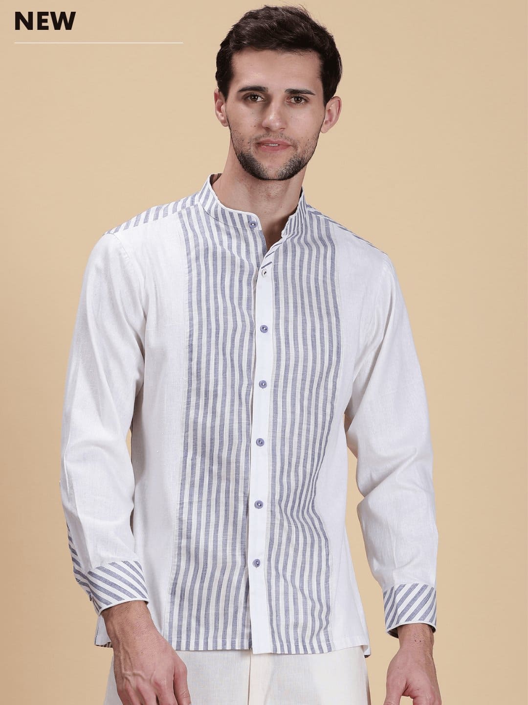 Linen Stripe Men Shirt - White & Blue - Charkha TalesLinen Stripe Men Shirt - White & Blue
