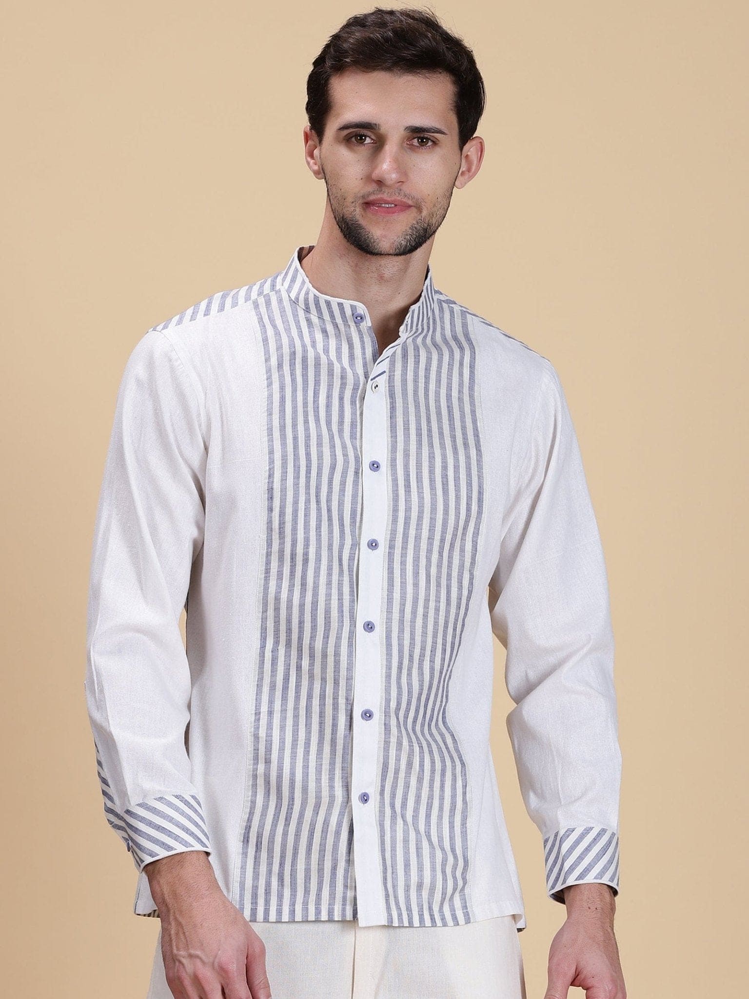 Linen Stripe Men Shirt - White & Blue - Charkha TalesLinen Stripe Men Shirt - White & Blue