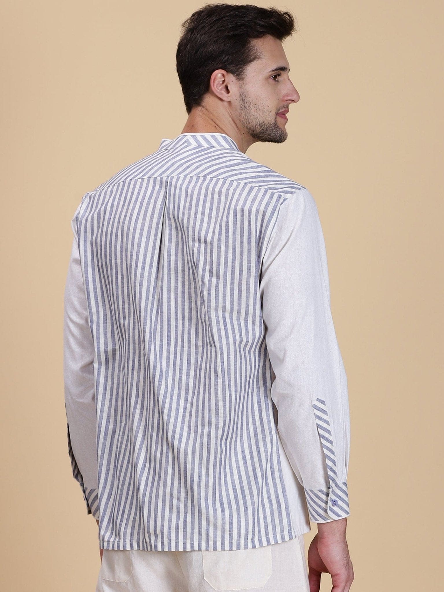 Linen Stripe Men Shirt - White & Blue - Charkha TalesLinen Stripe Men Shirt - White & Blue
