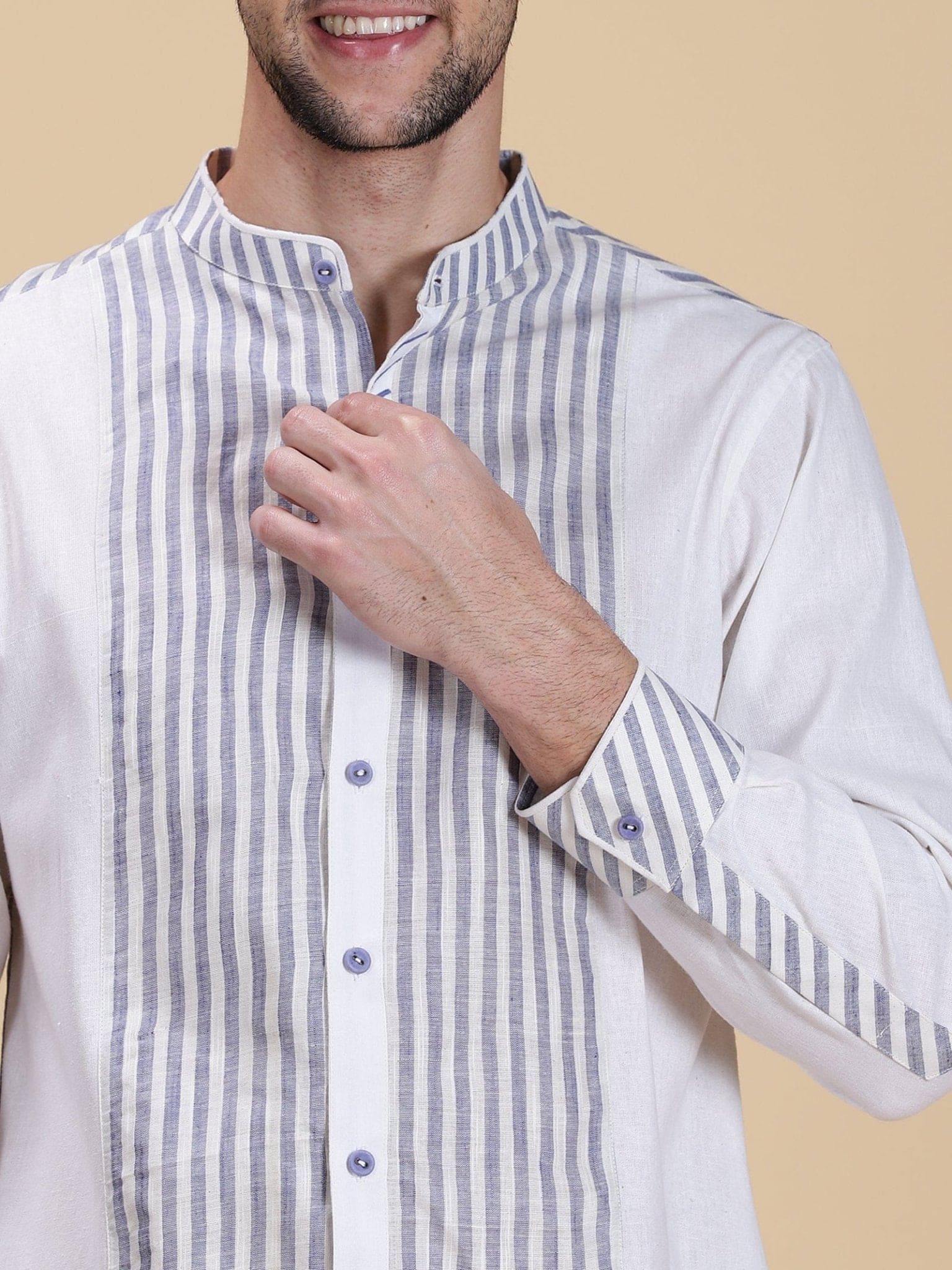 Linen Stripe Men Shirt - White & Blue - Charkha TalesLinen Stripe Men Shirt - White & Blue