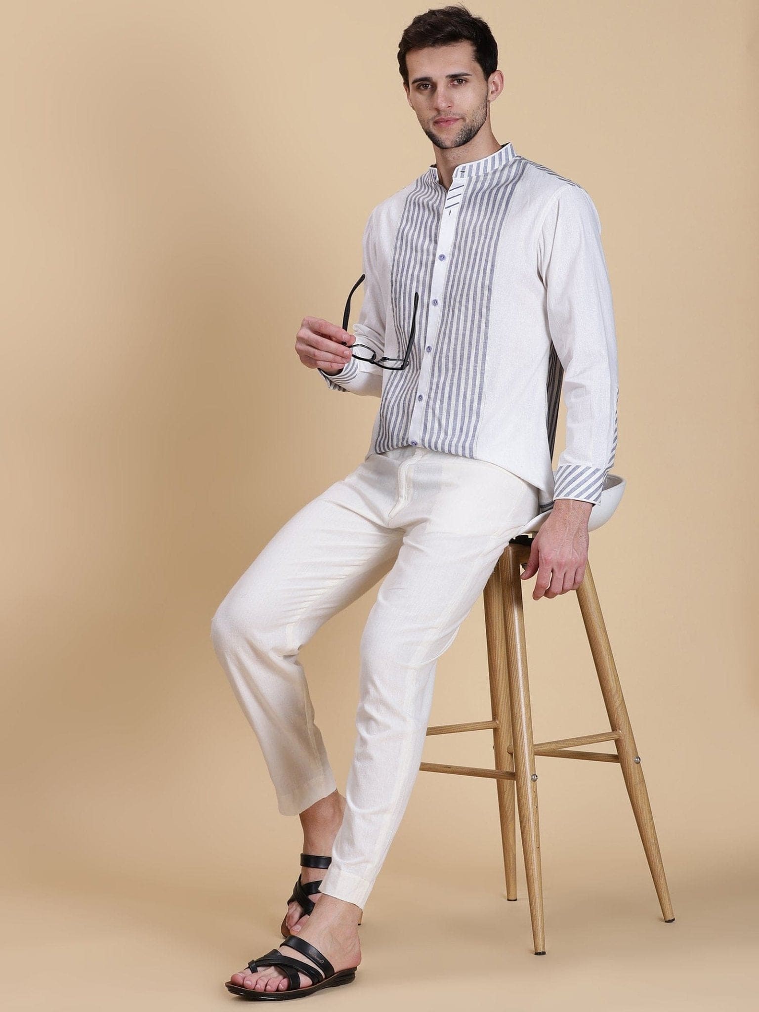 Linen Stripe Men Shirt - White & Blue - Charkha TalesLinen Stripe Men Shirt - White & Blue