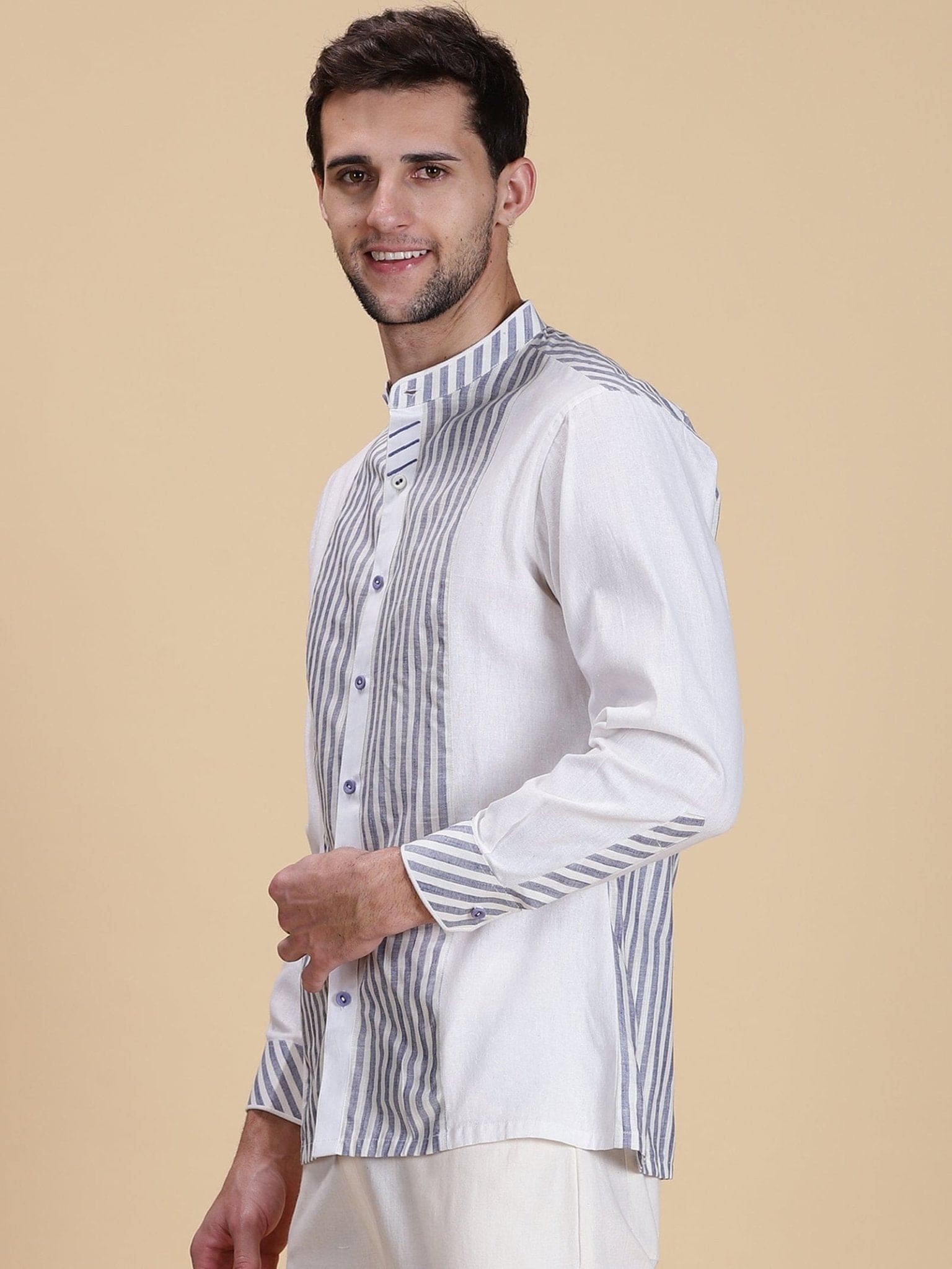 Linen Stripe Men Shirt - White & Blue - Charkha TalesLinen Stripe Men Shirt - White & Blue