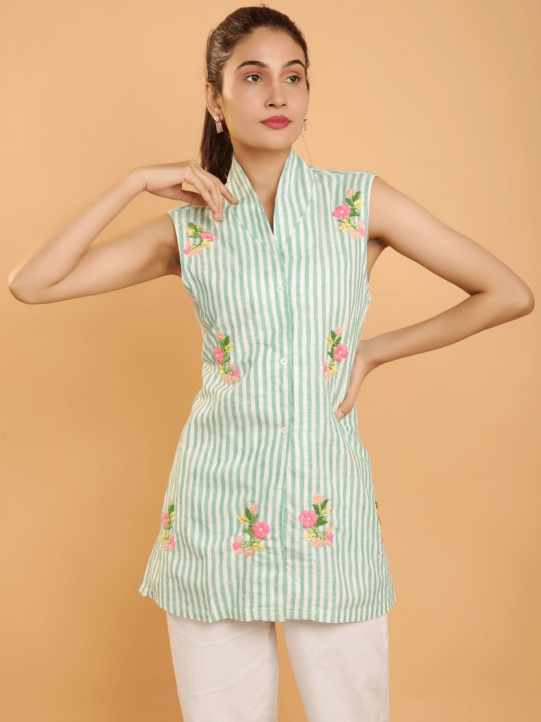 Linen Stripes Embroidered Shrug Set - Green - Charkha TalesLinen Stripes Embroidered Shrug Set - Green