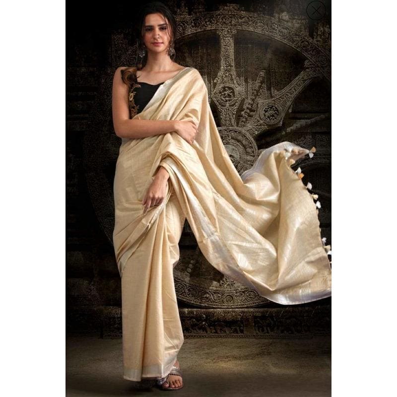 Linen with Zari Border Saree - Cream - Charkha TalesLinen with Zari Border Saree - Cream