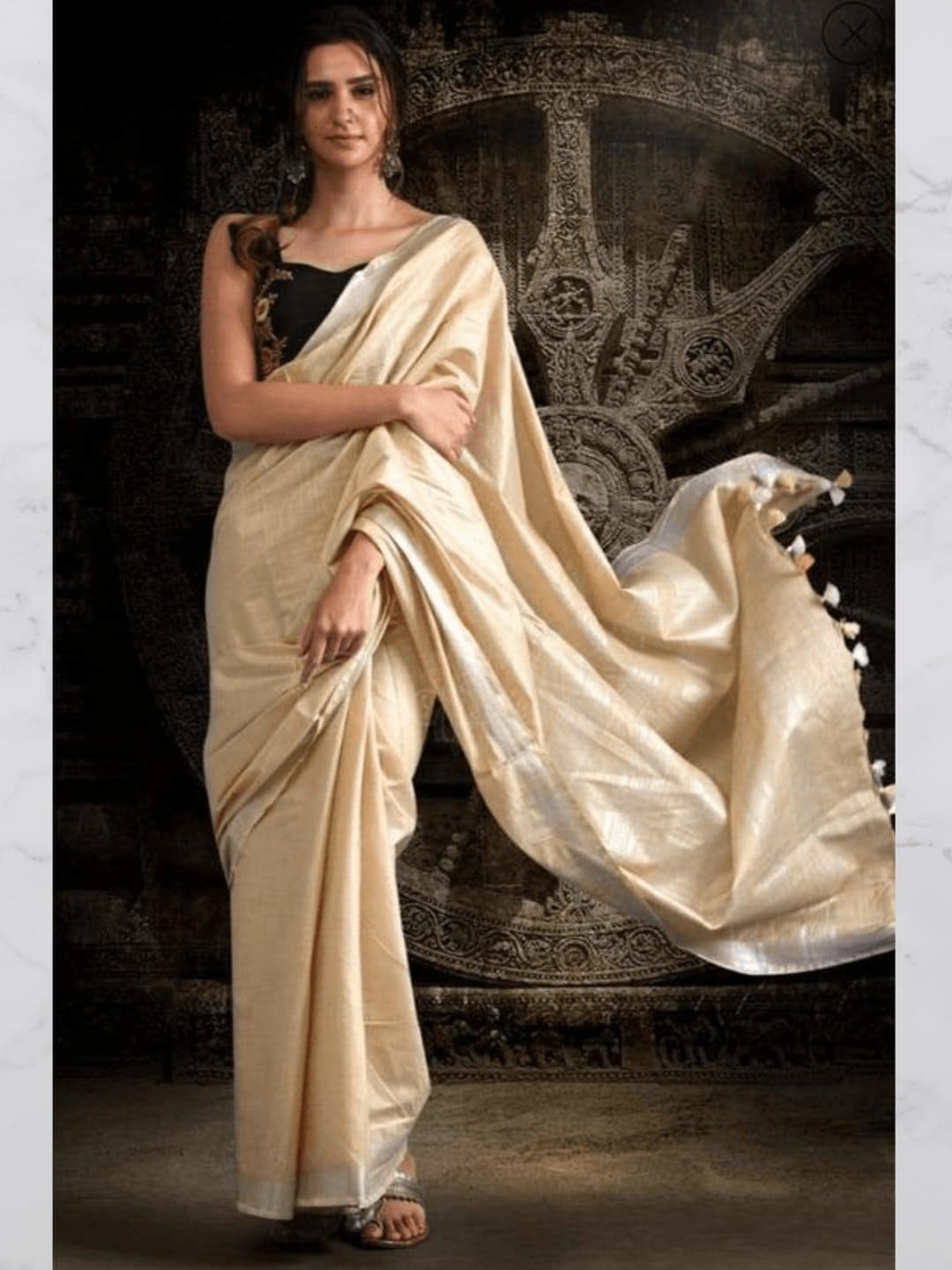 Linen with Zari Border Saree - Cream - Charkha TalesLinen with Zari Border Saree - Cream