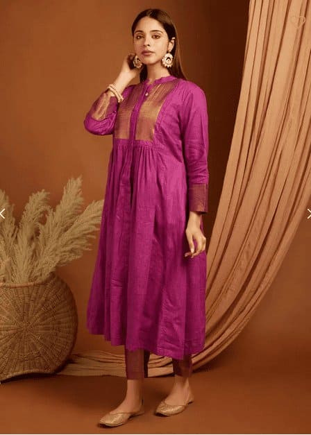 Linen zari Kurta Set - Majenta Pink - Charkha TalesLinen zari Kurta Set - Majenta Pink